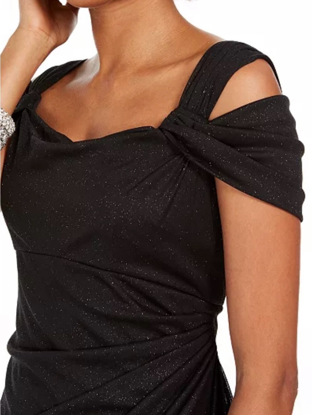 Alex Evenings Cold-Shoulder Black Draped Metallic Gown Stretchy NWT - Picture 3 of 10